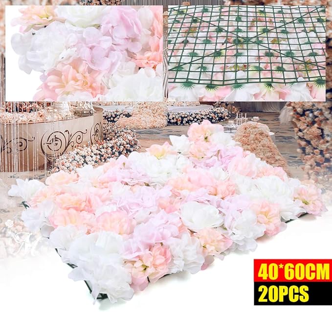 20pcs 24" x 16" Artificial Flower Wall Panel Background,3D Pink Silk Hydrangea Rose Flowers Wall Backdrop for Wedding Party Event Photo Stage Backdrop Wall Decor (Pink)