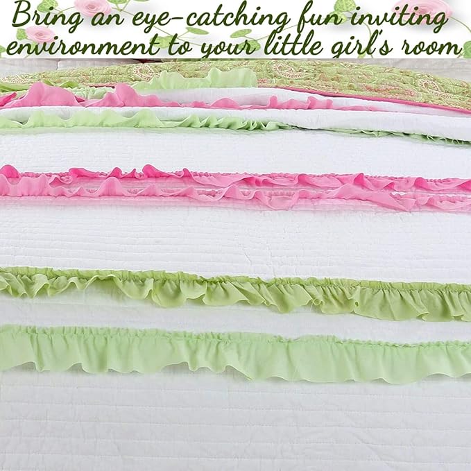 Cozy Line Home Fashions Pink Green Chic Ruffles Girl 100% Cotton Reversible Quilt Bedding Set, Coverlet, Bedspreads (Twin - 2 Piece: 1 Quilt + 1 Sham)