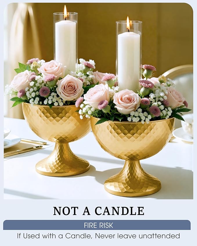 2 Pcs Distressed Gold Metal Compote Bowl Centerpieces for Tables,Urn Vases for Vintage Wedding Centerpieces,Elegant Compote Vases,Pedistal Vase for Christmas Anniversary Party (Gold)