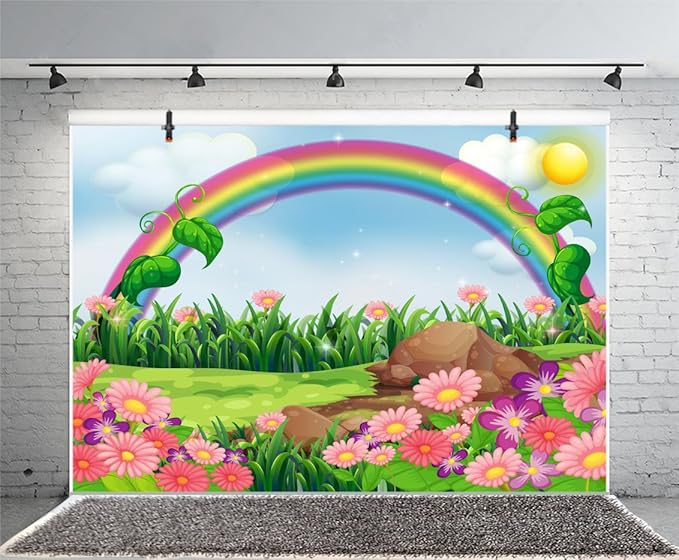 AOFOTO 7x5ft Cartoon Spring Flowers Rainbow Backdrop Meadow Sweet Floral Blossom Sky Sun Enchanting Garden Scenery Background for Kids Baby Shower Birthday Party Decor Wallpaper Photoshoot Props