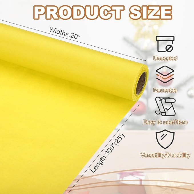 PATIKIL Wrapping Paper, 20" x 300"(25') 70 GSM Craft Paper Roll Kraft Packing Paper for Poster Bulletin Board, Gift Wrapping, Yellow