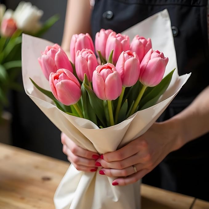 uxcell 20pcs Tulips Artificial Flowers, Faux Flowers Silk Fake Tulip Stems Real Touch for Wedding Bouquet Centerpiece Table Party Decoration(Pure White, Rose Pink)