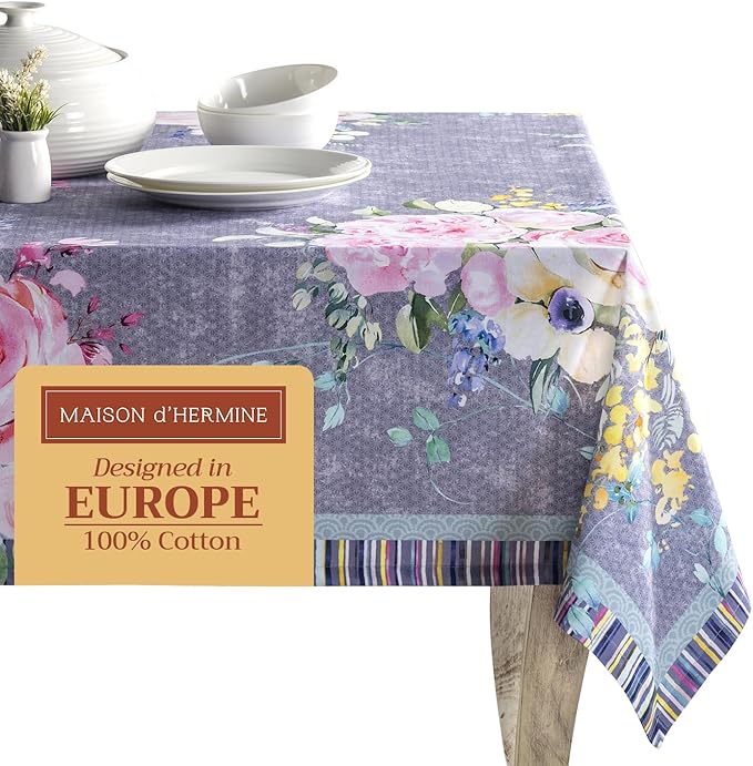 Maison d' Hermine Table Cloth Square Table 100% Cotton 54 x 54 Inches Tablecloth Reusable for Dining Room, Farmhouse, Home, Party, Festive & Wedding Spring Summer - Sweet Rose Lavender - Lush