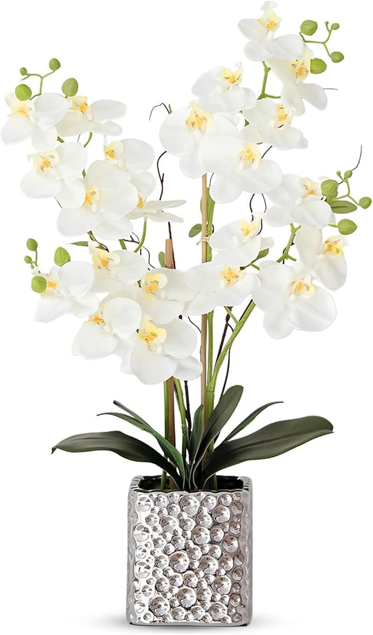 SJC Orchid Artificial Flowers with Sliver Vase Large Silk Faux Phalaenopsis Flowers for Dining Room Table Floral Centerpieces Indoor Decoration,White