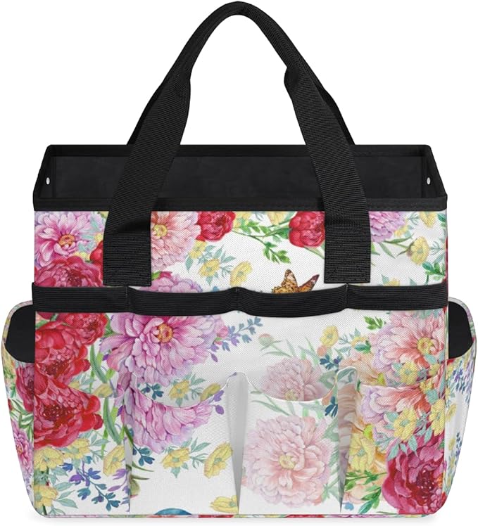 Garden Tool Tote Bag for Women Men Flower Bird Butterfly Gardening Tool Storage Bags with 10 Pockets Standable Garden Home Tool Kits Organizer for Indoor Outdoor Gardening Gifts