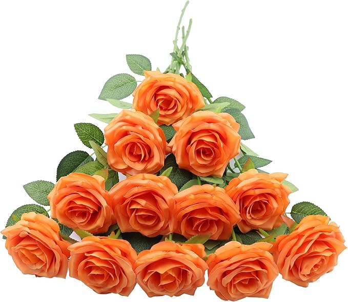 50pcs Artificial Rose Flower Orange Rose Orange Flower with Long Stem Silk Roses Bouquet for Wedding Bridal Shower Party Home Decoration