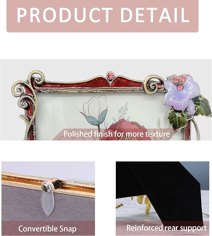Vintage Floral Picture Frames Luxury Unique Ornate Antique Metal 5X7 Photo Frame of HD Glass for Tabletop/Wall Display Gifts for Women (Retro Purple Flowers with Red Edges)