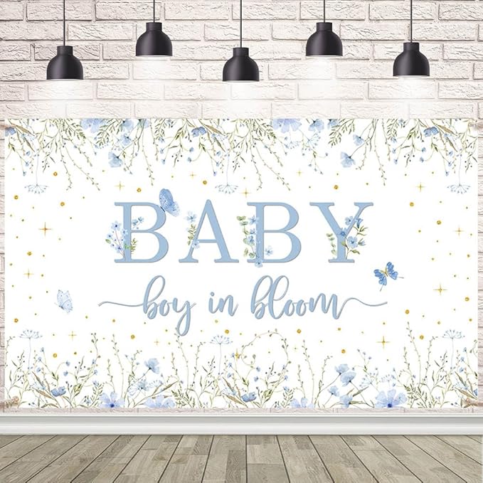 Baby Boy in Bloom Backdrop for Boys Wildflower Baby in Bloom Baby Shower Decorations Banner Blue Floral Photography Background Cake Table Decor Supplies Photo Booth Prop 70.8 x 43.3 inch