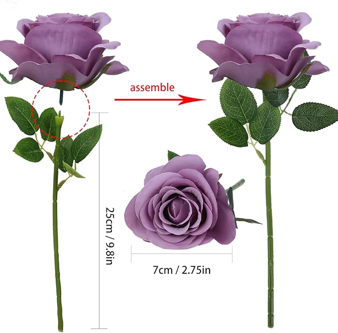 Felice Arts 12 Pack Purple Roses Artificial Flowers with Stems Fake Flowers Bouquet Silk Lilac Roses for Wedding Centerpiece Table Vase Home Kitchen Party DIY Decor