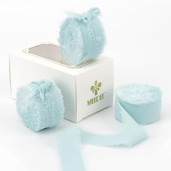 MEEDEE Aqua Chiffon Ribbon 1 Inch Fringe Ribbons Blue Chiffon Silk Frayed Edge Ribbon Thin Chiffon Ribbons for Crafts, Gift Wrapping, Wedding Invitation (3 Rolls 21 Yards)