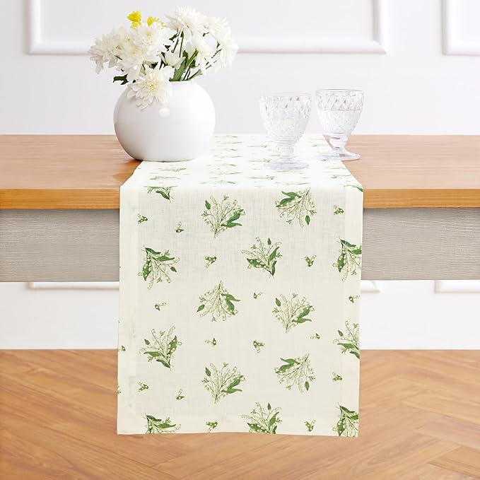 Solino Home Lily Floral Print Table Runner 36 inch - 100% Pure Linen Table Runner 14 x 36 Inch - Machine Washable - Lily of The Valley/Off White Print