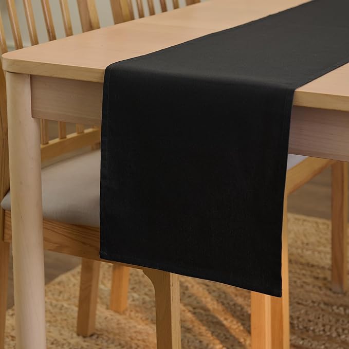 Encasa XO Table Runner 13"x104" Long | Cotton Canvas Fabric | Jet Black Solid Color | Machine Washable & Durable