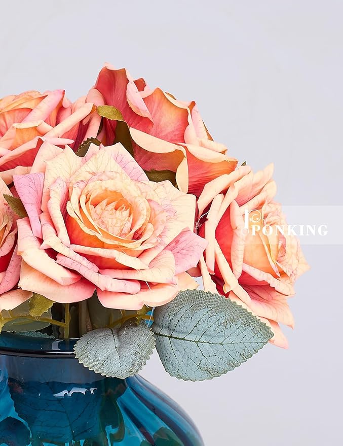 3.1"(8cm) Manta Rose Artificial Flower 7pcs Realistic Faux Silk Roses Fake Flowers Bouquets Arrangements Decor for Wedding Spring Mother's Day, Home Table Decorations, Orange Flower