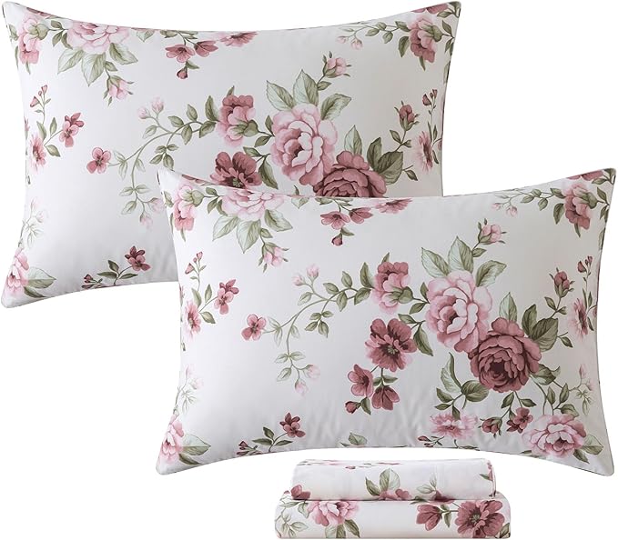 FADFAY Beige Vintage Floral Twin XL Size Sheets Set Premium 100% Cotton Shabby Brick Red Rose Pattern Bedding Set Deep Pocket Sheets with 2 Pillowcases Luxury Breathable Soft 4Pcs, Twin Extro Long