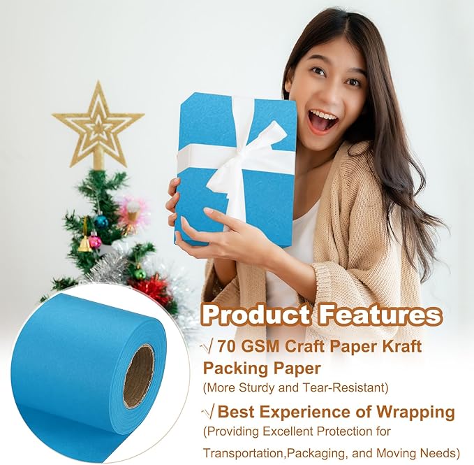PATIKIL Wrapping Paper, 20" x 450"(37') 70 GSM Craft Paper Roll Kraft Packing Paper for Poster Bulletin Board, Gift Wrapping, Light Blue