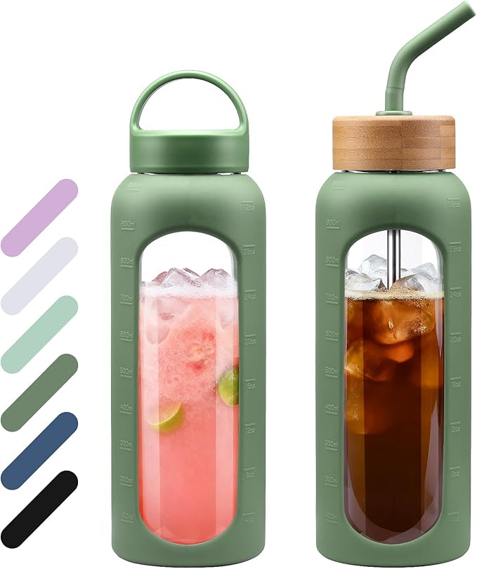 32 oz Glass Water Bottle, 1 Liter Glass Tumbler with Straw, Reusable Drinking Bottles with 2 Lids-Handle Lid&Bamboo Straw Lid, Silicone Sleeve, for Sports, Home,1 Pack-Olive