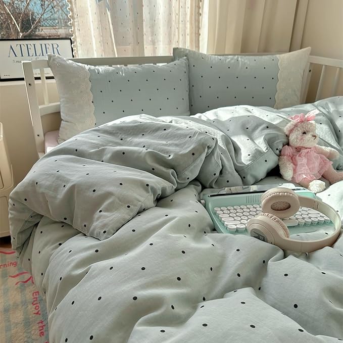 VM VOUGEMARKET Lace Comforter Set Queen Cute Black Dots Bedding Set,Soft Microfiber Princess Style Comforter/Quilt with 2 Pillowcases,Romantic &Elegant-Sage Green,90"x90"