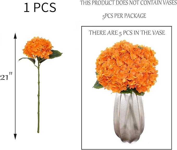 Kimura's Cabin 5Pcs 21inch Real Touch Artificial Hydrangea Flowers Realistic Latex Hydrangeas Long Stem with Leaves Hydrangea Bouquet for Home Wedding Baby Shower Birthday Party Decoration（Orange）