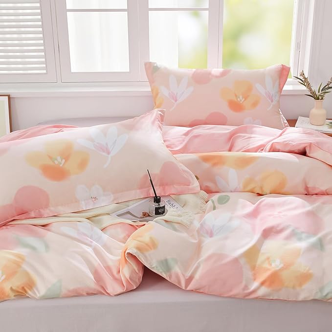 SAPHREAS Pink Floral Duvet Cover Set 2pcs Twin Size Botanical Bedding Comforter Cover Set 100% Cotton 1 Duvet Cover 68"x90" 1 Pillow Sham, Comforter Not Included
