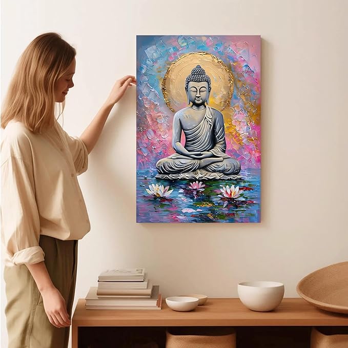 Lotus and golden Buddha meditation tranquil zen wall art mindfulness wall art for spiritual harmony and tranquility decor 12x18in Wood Framed