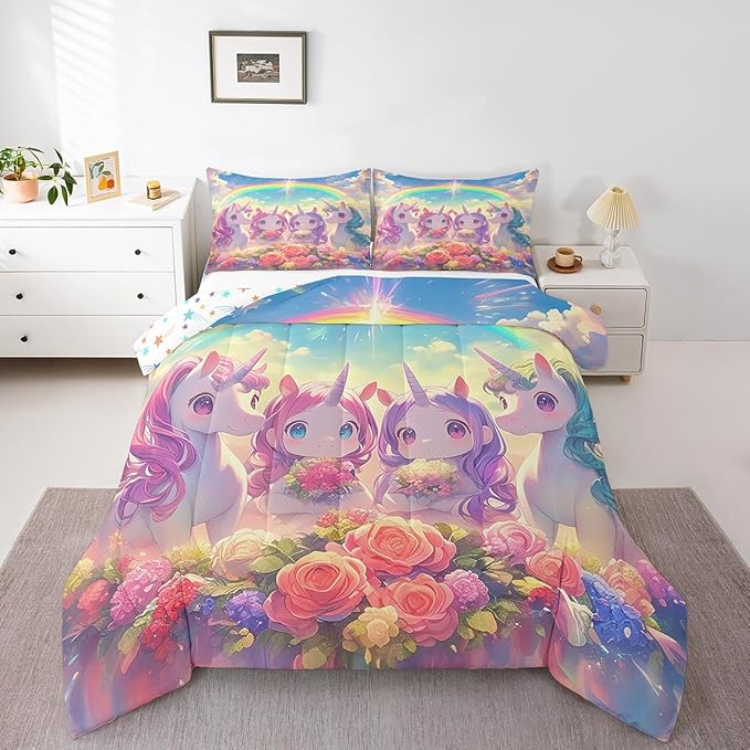 Castle Fairy Kawaii Unicorn Comforter Set Twin Size,Cartoon Cute Unicorn Horse Animal Reversible Bedding Set for Kids Boys Men,Stars Rainbow Watercolor Flowers Quilted Duvet Set with 1 Pillowcase