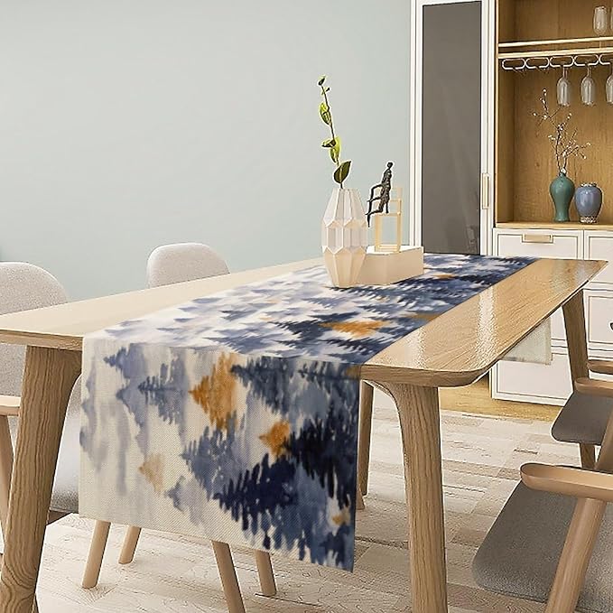 Watercolor Blue Pine Trees Table Runner, Forest Woodland Tabletop Scarf Home Kitchen Holiday Decor, Seasonal Farmhouse Rustic Dining Decorations Party Supply 13 X 60 Inch