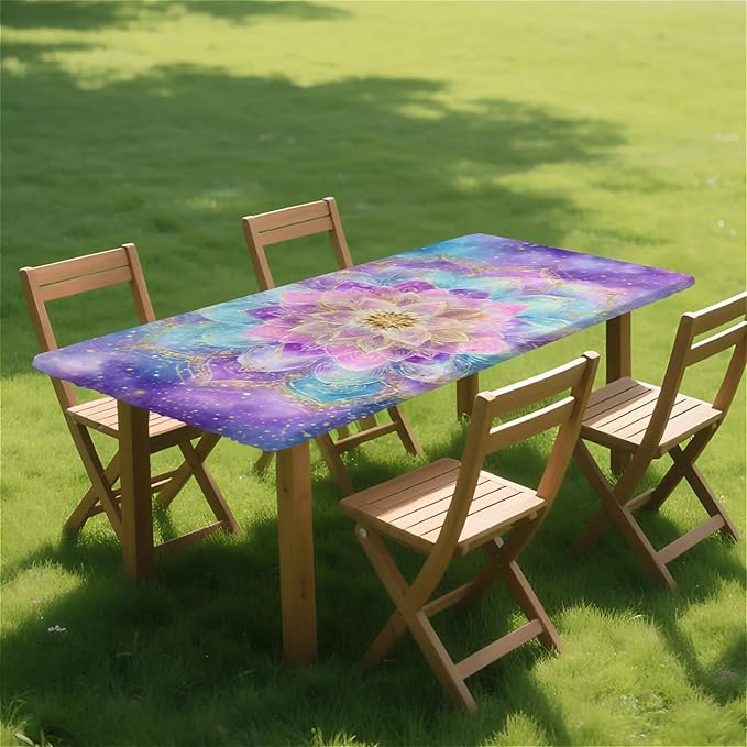Rectangle Table Cloth Cover Waterproof Elastic Fitted Polyester Fitted Tablecloths for 4 Foot Tables for Indoor,Picnic, Camping, Outdoor （48" x 24"，Datura）