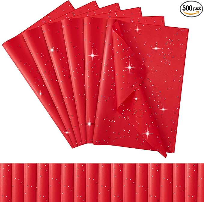 Qilery 500 Sheets Christmas Glitter Red Tissue Paper Bulk 15 x 20 Inch Sparkle Wrapping Paper for Gift Bags Acid Free Tissue for Christmas Craft Supplies, Bouquets, Garlands, Forming Pompoms, Wedding