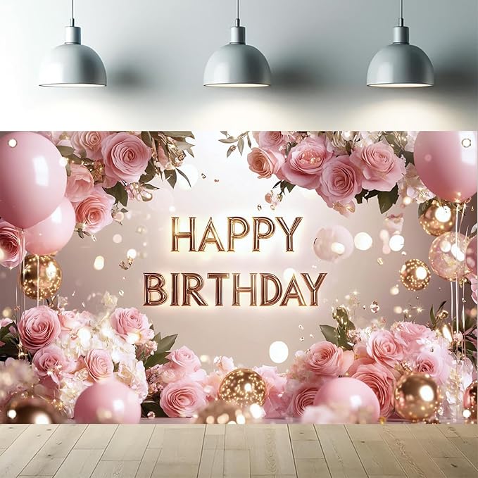 Pink Rose Happy Birthday Backdrop Banner Gold Letters Floral Photography Background Girls Birthday Party Decorations Elegant Party Supplies Photo Booth Props 71x43 Inch