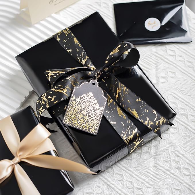 Merture Metallic Black Wrapping Paper Roll - 17 In X 32.8 Ft(46.5 sq.ft.) Solid Color Gift Wrap with Grid Cutting Lines for Halloween, Birthday, Valentines Day, Fathers Day, Halloween, Graduation