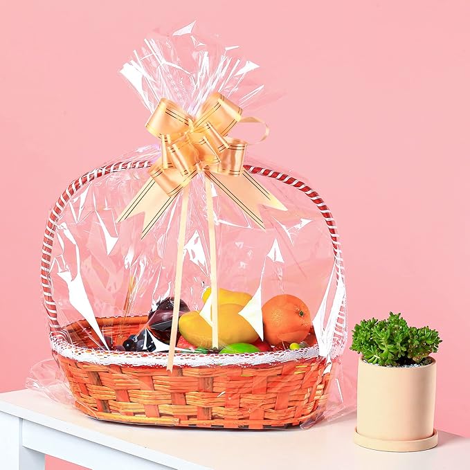 UltraOutlet 50 Packs Large Cellophane Bags 18" x 24" Clear Cellophane Gift Basket Wraps 2.3 Mil Thick Clear Cello Bags for Fruit Basket, Gift Wrap, Treats, Arts and Crafts, 50ct Ribbon Bows
