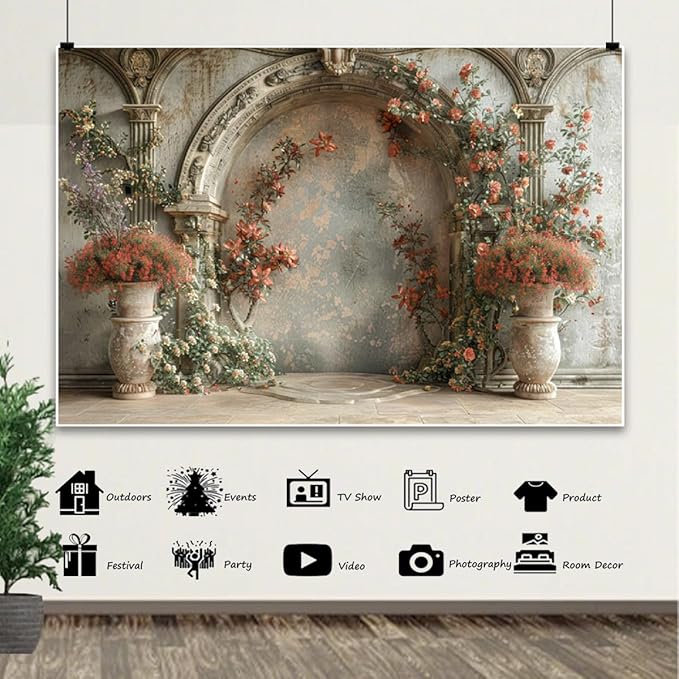 7x5ft Vintage Flower Backdrop Boho Red Floral Blooming Retro Wedding Wall Romantic Small Wildflowers Photography Background Couple Newborn Baby Shower Bridal Shower Anniversary Decor