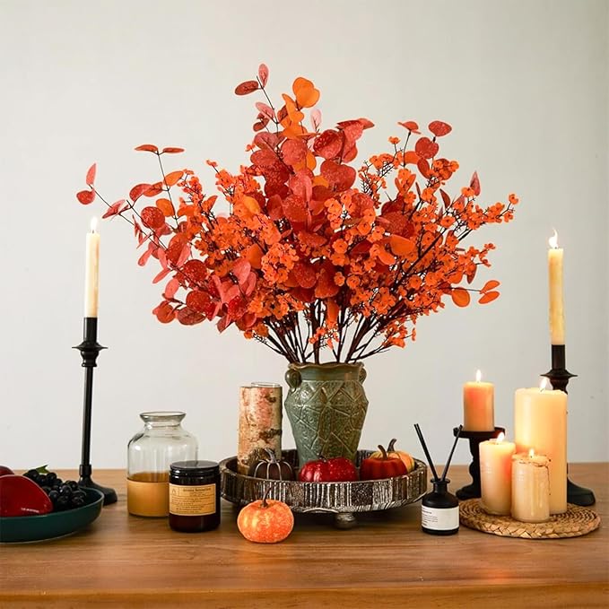 Yastouay Fake Fall Flowers Thanksgiving Table Decor, 5Pcs Fall Orange Faux Artificial Flowers for Decorations, Babys Breath Artificial Flowers Bulk for Thanksgiving Fall Decor Floral Arrangement