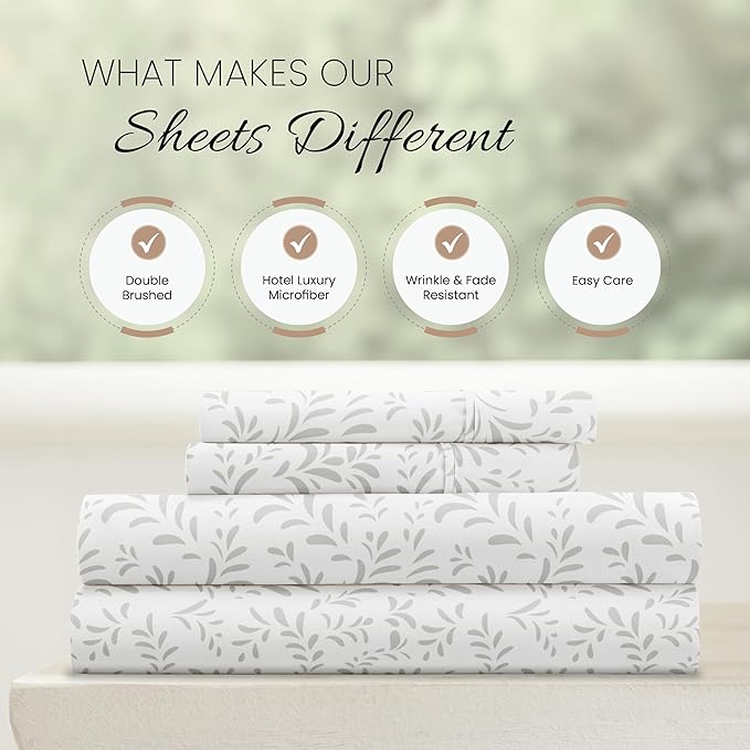 Linen Market Double-Brushed Patterned Microfiber Queen Sheet Set 4 Piece – Oeko-TEX Certified Ultra Soft & Wrinkle-Free - 16" Deep Pocket Sheets - Easy Care Queen Size - Burst of Vines Light Gray