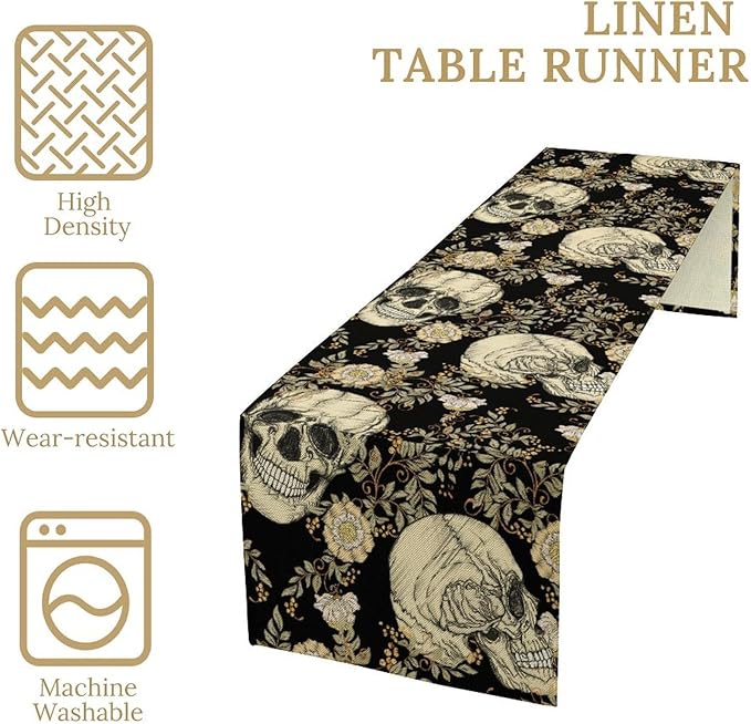 Gothic Table Runner,Vintage Floral Skull Print Table Runner for Home Kitchen Table Dining Garden Farmhouse Wedding Party Decor 13x60 Inch