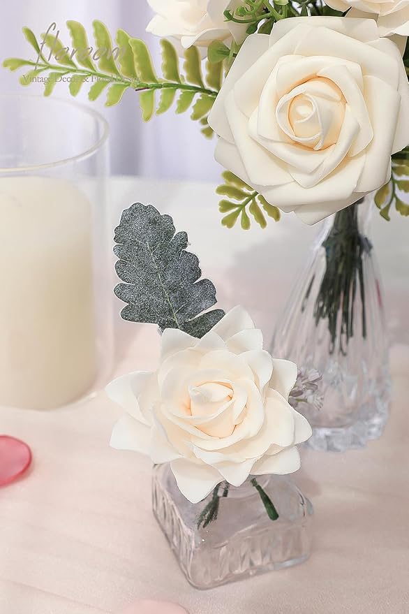 Floroom Artificial Gardenia Flowers 2.7" 25pcs Real Looking Cream Foam Fake Flowers with Stems for DIY Wedding Bouquets Bridal Shower Centerpieces Floral Arrangements Party Tables Home Decorations
