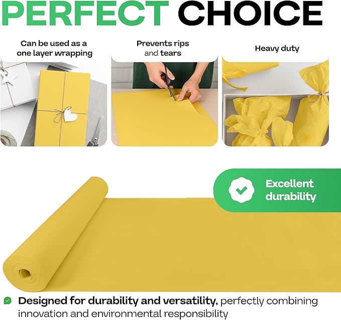 12" x 1200" (100 feet) Yellow Kraft Paper Roll - USA-Made Quality Craft Paper for Gift Wrapping, Kids' Arts & Crafts, School Projects - 100% Recycled Natural Material 50lb Thickness by IDL Packaging