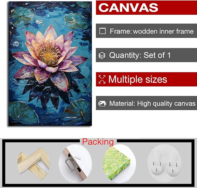 Gorgeous pink and purple water lilies on deep blue water Eye-catching oil painting Serene aquatic wall art for modern home decor 12x18in Wood Framed