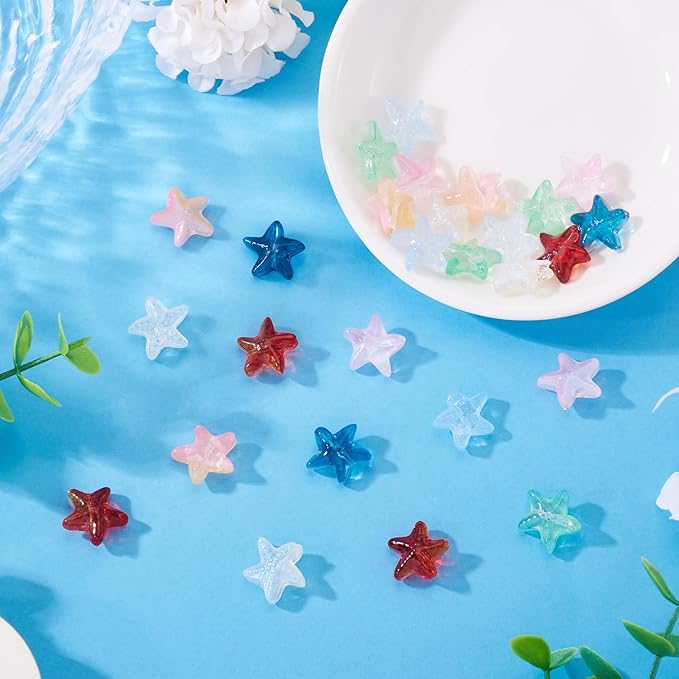 28Pcs 14mm Glass Star Beads Colorful Crystal Star Beads Ocean Animal Starfish Spacer Bead Five-Pointed Pentagram Bead for DIY Crafts Earring Lanyard Necklace Bracelet Jewelry Making