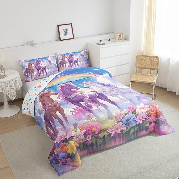 Castle Fairy Dreamy Unicorn Comforter Set Twin Size,Rainbow Blue Sky Colorful Flowers Reversible Bedding Set for Kids Boys Men,Cartoon Animal Floral Galaxy Quilted Duvet Set with 1 Pillowcase