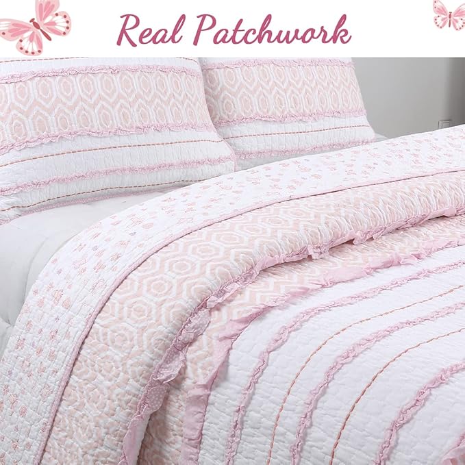 Cozy Line Home Fashions Pretty in Pink Girly Ruffle Stripped 100% Cotton Reversible Quilt Bedding Set, Coverlet, Bedspread (Pink Princess, Queen - 5 Piece: 1 Quilt + 2 Shams + 2 Decor Pillows)