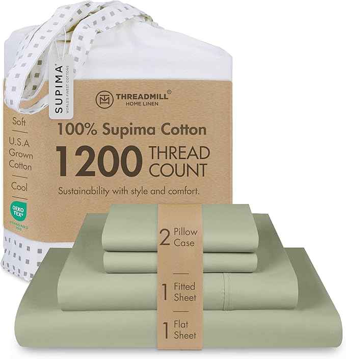Threadmill Luxury Supima Cotton Sheets, Luxury 1200 Thread Count Soft 100% Cotton Sheets for Queen Size Bed, 4 Pc Sage Green Bed Sheets Queen Set, 5-Star Hotel Quality Deep Pocket Bed Sheets Set