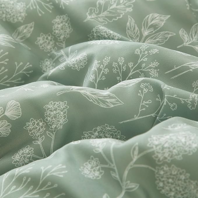 EAVD Girls Floral Duvet Cover Twin Sage Green Soft Cotton Chic Shabby Garden Floral Leaves Botanical Bedding Set with 2 Pillowcases Fresh Reversible Botanical Duvet Cover with Zipper Closure