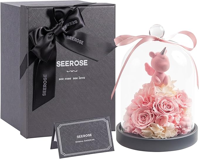 SEEROSE Preserved Rose with Unicorn in Glass Dome, Eternal Real Rose Romantic Gift for Her, Women, Mom, Wife, Girlfriend, Valentine’s Day, Mother’s Day, Christmas, Birthday (Lucky Unicorn, Pink)