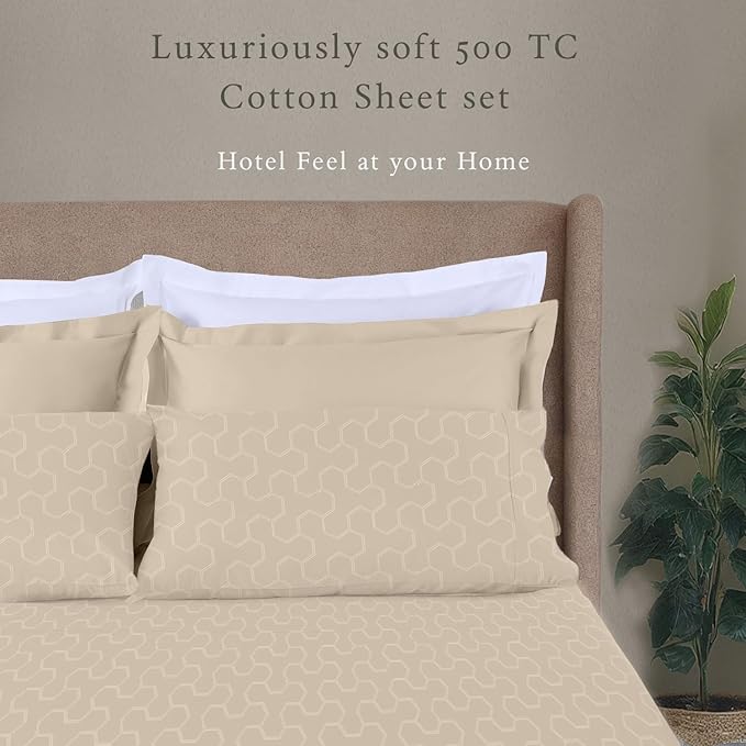 Threadmill Cotton Queen Sheet Set | 500 Thread Count 100% Cotton Sheets for Queen Size Bed | Damask Jacquard Queen Bed Sheets Set with 16” Deep Pocket Fitted | Soft Sateen Cooling Bedding Set | Beige