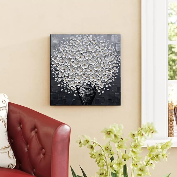 YaSheng Art- 3D Thick Texture Black and White Canvas Wall Art Hand-Painted Minimalism Abstract Artwork Oil Painting Home Decorations Modern bedroom Wall Art Ready to Hang 24x24inch