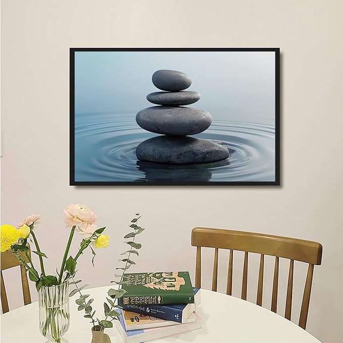 Zen wall art Harmonious grey stones stacked on a calm surface of water Serene Zen decor suitable for tranquil homes and spaces of meditation 20x30in Metal blackFramed