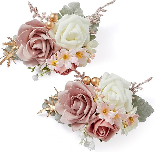 Serwalin Set of 2 Boutonniere for Men Corsage with Pins,Groom and Best Man Boutonnieres for Wedding Prom Ceremony Anniversary and Party (Pink&White)