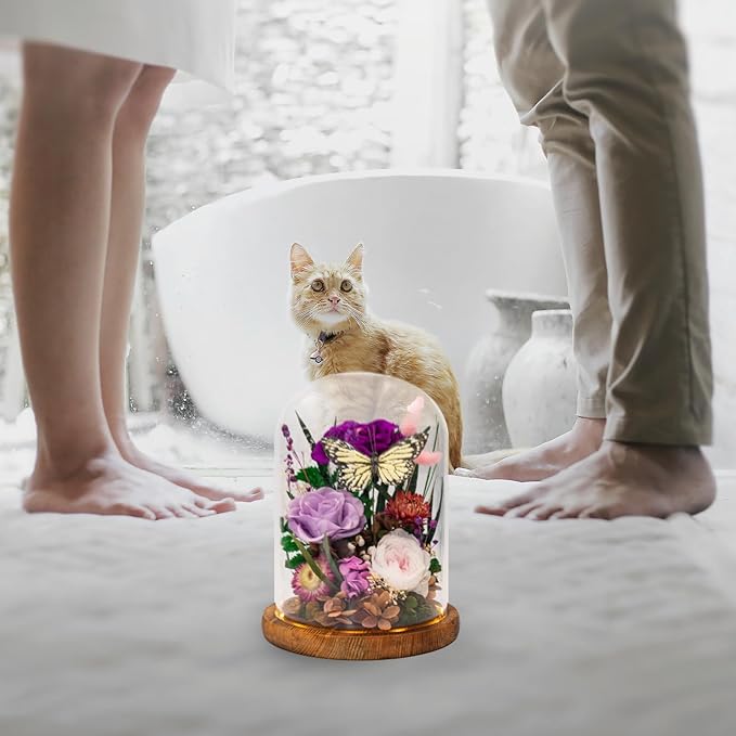 Eternal Flower with Butterfly: Big Flowers Big Love-Elegant Flower in Glass Dome-Thanksgiving, Christmas, Mom Gifts for Her-Flowers for Delivery Prime-Floral Arrangements(Purple)