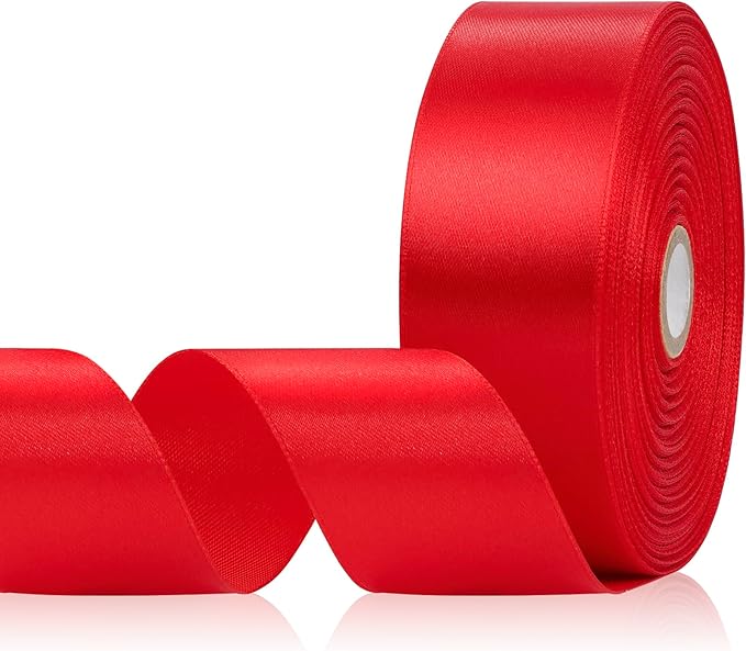 Red Satin Ribbon 1-1/2 Inch 60 Yards, Solid Polyester Fabric Ribbon for Gift Wrapping, Flower Bouquet, Crafts, Handmade Roses, Christmas, Wedding and Hair Accessories